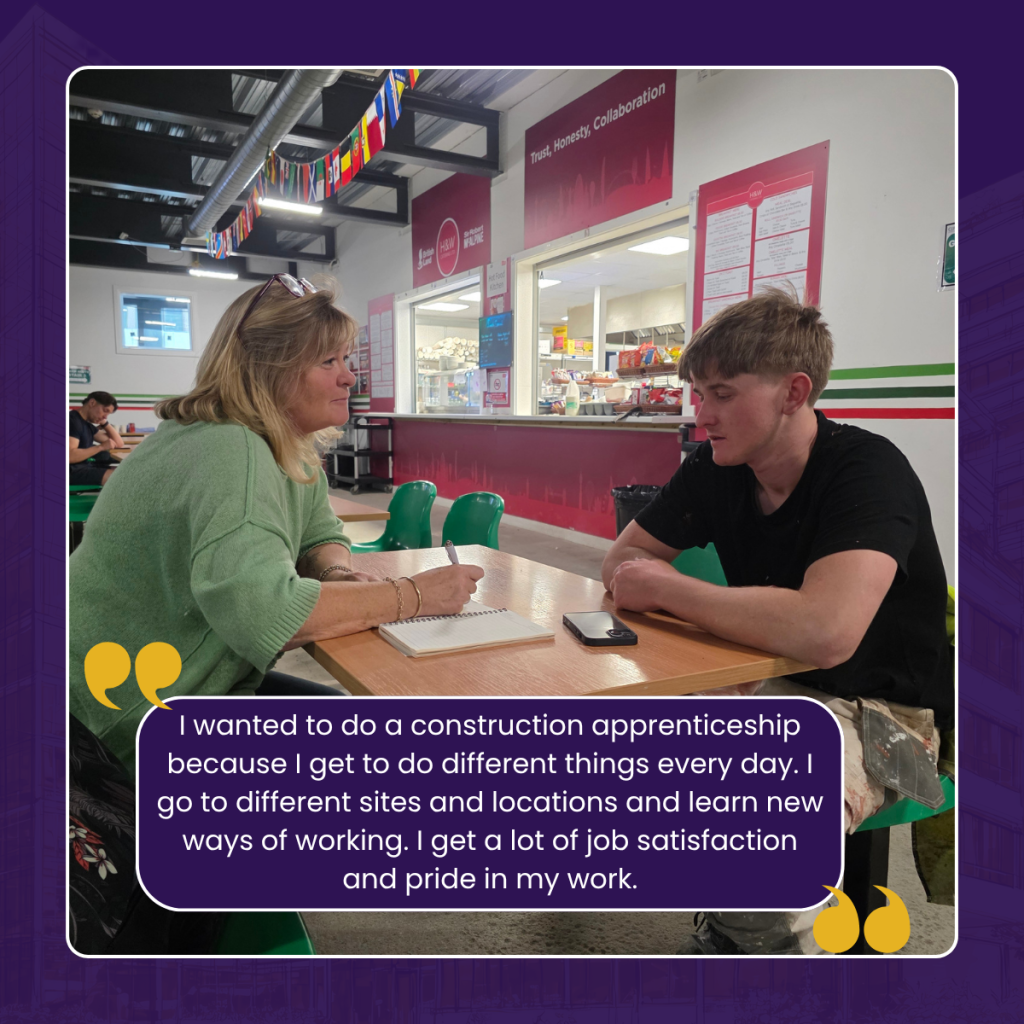 CoTrain apprentice Alfie talking with his Apprenticeship Manager, with a quote about doing a construction apprenticeship