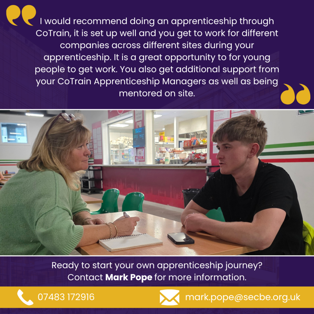 CoTrain apprentice Alfie recommending an apprenticeship through CoTrain, with contact details for Mark Pope